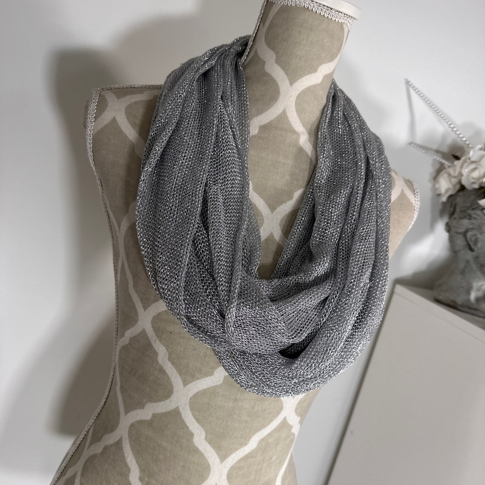 Long silver metallic scarf that can be worn in so many ways